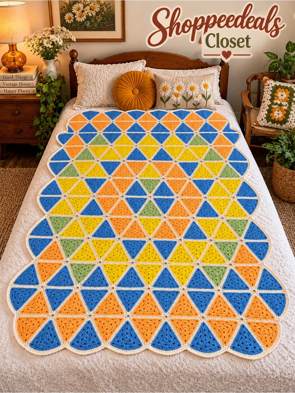 Vintage Handmade Crochet Triangle Afghan Blanket – Blue Yellow Orange Green